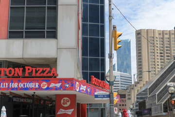 Naklejka premium exterior of Boston Pizza, a pizza restaurant chain, located here at 250 Front St W at John St, Toronto