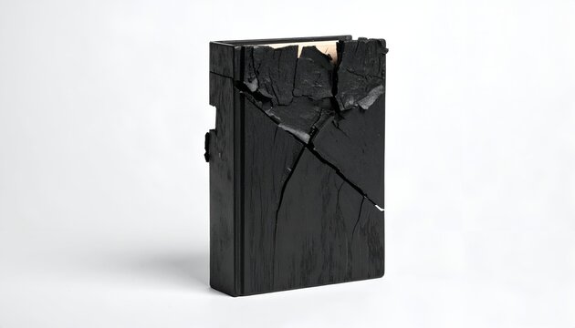 Cracked black book, damaged spine and corner, raw paper exposed, minimalist view