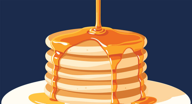 Delicious stack of golden brown pancakes on a plate with thick maple syrup being poured over the top in close-up.