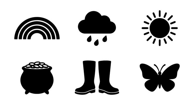 Spring Weather Icons Set: Rainbow, Sun, Rain Cloud, Pot of Gold, Boots, Butterfly