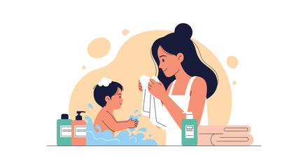Obraz premium Loving mother bathing her young child in a tub with bubbles and soap while holding a large white towel to dry.