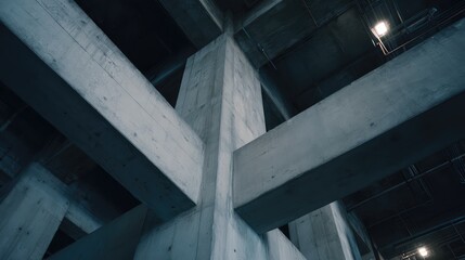 Naklejka premium Brutalist concrete architecture forming an intricate structure with intersecting beams and columns, creating a complex underground or industrial style environment with strong geometric lines
