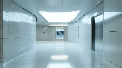 Fototapeta premium Modern long interior hallway featuring sleek curved tile walls, a glowing ceiling light, and reflective flooring, creating a minimalist and futuristic architectural space