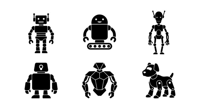 Modern Robot Vector Icon Set, AI and Automation Technology Symbols, Futuristic Droid Collection