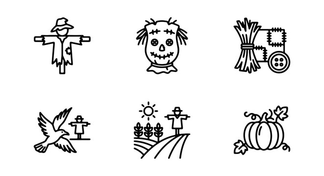 Autumn harvest scarecrow vector icons, farm field agriculture symbols, seasonal fall elements
