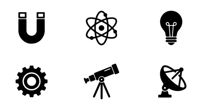 Science and Technology Vector Icon Set, Black Flat Design Elements for Education and Innovation