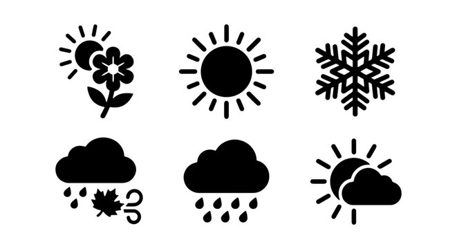 Weather Icons Set: Sun, Flower, Snowflake, Rain, Cloud, Seasons, Forecast Symbols