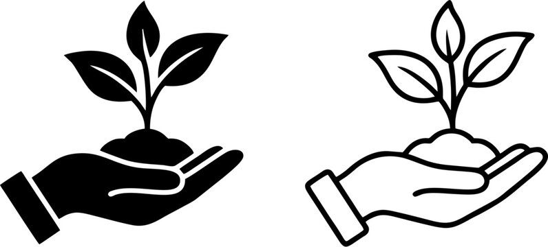 Creative professional vector illustration of a human hand holding a young growing plant sapling in soil, symbolizing environmental protection, sustainable growth, organic farming, ecology