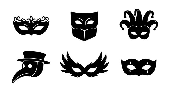 Masquerade Masks Collection, Venetian Carnival Icon Set, Black Silhouette Party Face Coverings