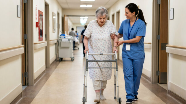 Woman nurse helping senior woman walk with walker in hospital corridor. Professional caregiver assisting elderly patient during rehabilitation. Clinical support and geriatric healthcare.