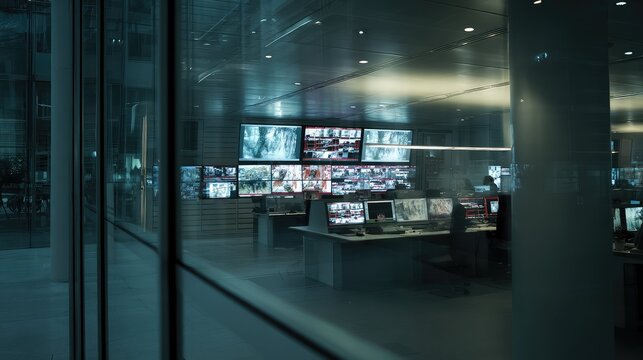 Operators are overseeing multiple large screens displaying various feeds and data, working in a modern control room prioritizing security, monitoring, and technology