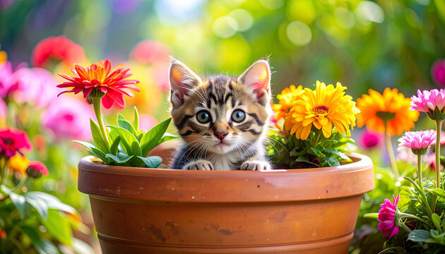 Kitten in flower pot