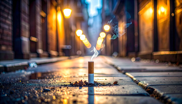 Lit cigarette on city street