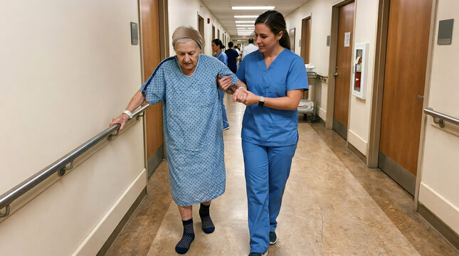 Nurse supporting elderly woman walking in hospital corridor. Professional caregiver assisting senior patient during recovery. Medical rehabilitation and healthcare support concept.