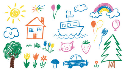 Childlike Crayon Drawing Collection Kids Doodle House Car Boat Rainbow and Nature Set © Karmina
