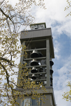 clock and carillon tower at Bandshell Park, known as the Exhibition Place Carillon, originally the Carlsberg Carillon, built in 1974 and standing 26 metres tall