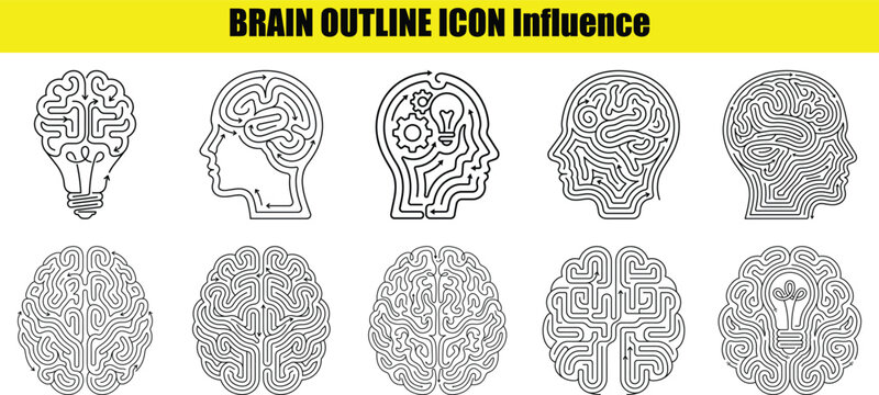 Brain outline icon set with maze patterns linear style black and white silhouette high quality professional detailed modern elegant stylish clean