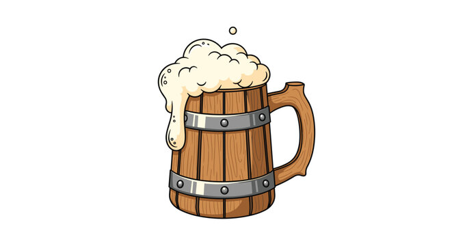 Traditional wooden beer tankard filled with dark ale and topped with a thick layer of frothy white foam against a white background.