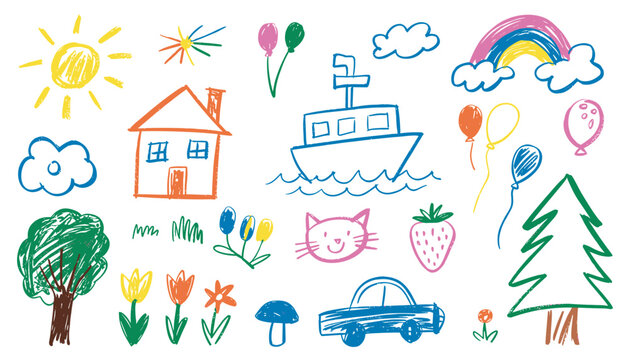Childlike Crayon Drawing Collection Kids Doodle House Car Boat Rainbow and Nature Set