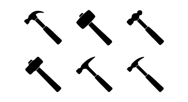Hammer tool icon set, construction and carpentry equipment, black silhouette vector collection
