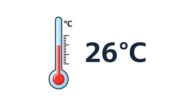 Thermometer showing twenty-six degrees celsius temperature on a white background, scale