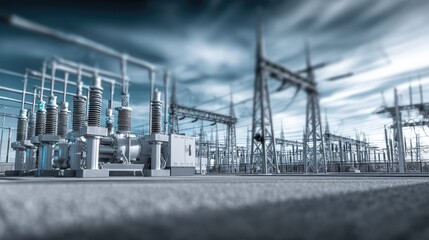 Obraz premium Electrical substation infrastructure with transformers and high voltage components enabling power generation, transmission, and distribution across the energy grid against a dramatic sky