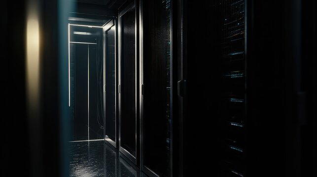 Server room aisle with dark server racks and a distant glowing light reflecting on a wet floor, evoking a futuristic data center atmosphere for it and cloud environments