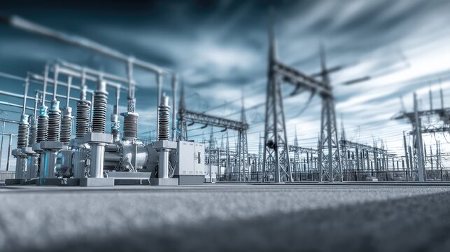 Electrical substation infrastructure with transformers and high voltage components enabling power generation, transmission, and distribution across the energy grid against a dramatic sky