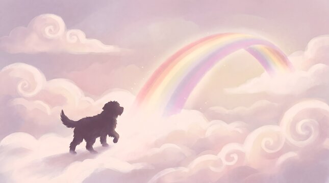 Dog Walking Toward Rainbow Bridge &ndash; Symbolic Pet Afterlife Concept