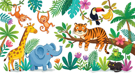 Fototapeta premium Cute Jungle Animals Cartoon Set with Happy Tiger, Elephant, Giraffe, Monkeys, Toucan and Tropical Forest Background for Kids Education, Nursery Wall Art and Children’s Book Illustration