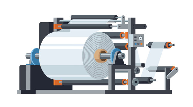 A complex industrial machine features multiple rotating rollers and a control gauge panel while processing layered plastic film against a plain white studio background area.