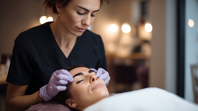 Professional esthetician expertly performs a beautification procedure on a relaxed client's eyebrows in a modern, well-lit salon setting