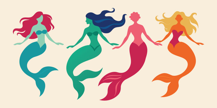 Set of four colorful mermaid illustrations in flat vector style