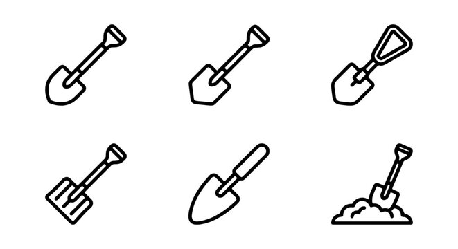 Shovel icon set, gardening tools, construction equipment, digging implements, vector collection