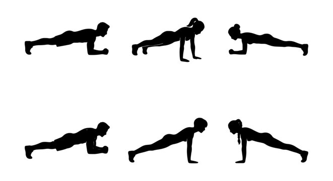 Plank exercise silhouettes, diverse people performing core strength workouts, fitness training vector set