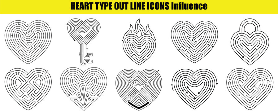 Heart shaped maze line art icons with various designs black and white silhouette high quality professional detailed modern elegant stylish clean