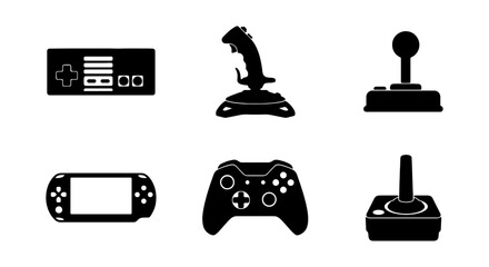 Retro gaming controller icons, 6 black video game silhouettes, vintage joystick vector © RAJA