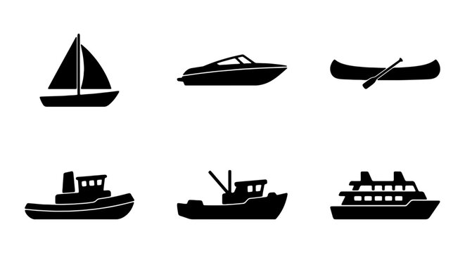 Nautical boat icons set, black ship silhouettes, 6 watercraft vector illustrations