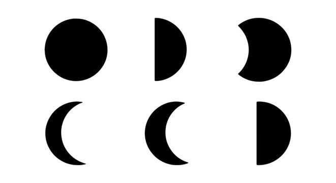 Minimalist moon phases icon set, black lunar cycle silhouettes, celestial vector shapes