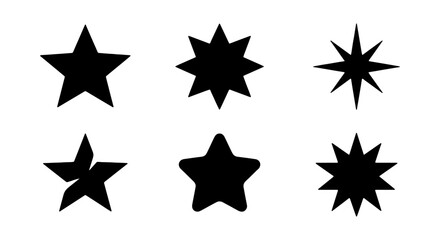 Obraz premium Black star icons set, minimalist geometric star shapes, 6 vector star silhouettes