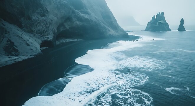 Dramatic coastal shot of black sand beach, cliffside, and sea stacks, in moody, overcast light