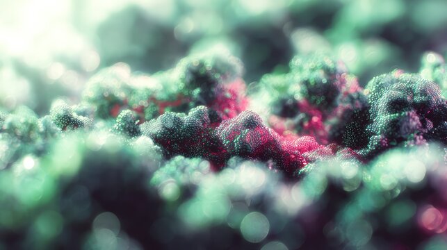 Glowing microscopic organic matrices in vibrant pink and green bioluminescence, intricate cellular textures and dynamic molecular growth suggesting biotech, research, and life sciences evolution