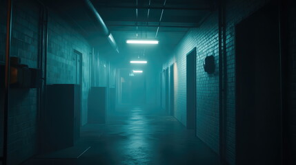 Fototapeta premium Long, dark industrial hallway generating a sense of mystery and suspense, with fluorescent lights glowing through a thick, atmospheric fog creating a cinematic mood