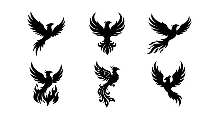 Fototapeta premium Phoenix bird vector set, mythical firebird, powerful legendary creature, fantasy animal collection