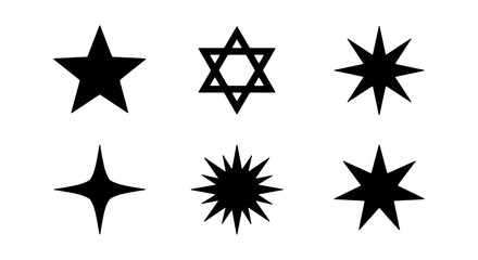 Obraz premium Six Black Star Icons, Geometric Shapes, Celestial Symbols, Graphic Elements