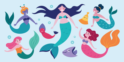 Obraz premium Group of diverse mermaids with fish and sea plants in playful underwater setting