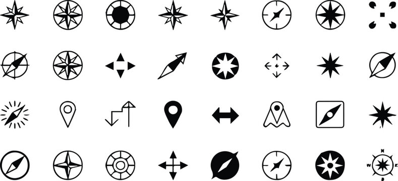 compass icon set navigation and direction glyphs grid vector