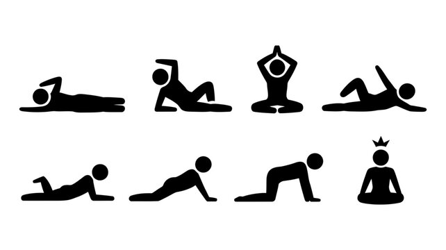 Set of black stick figure pictograms showing various yoga and fitness exercise poses with exercise, pictogram