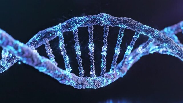 Abstract Blue DNA Helix Structure with Glowing Particles - Science, Biology, Genetics