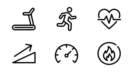 Fototapeta premium Fitness Icons Set: Treadmill, Runner, Heart Rate, Progress, Speedometer, Calorie Burn